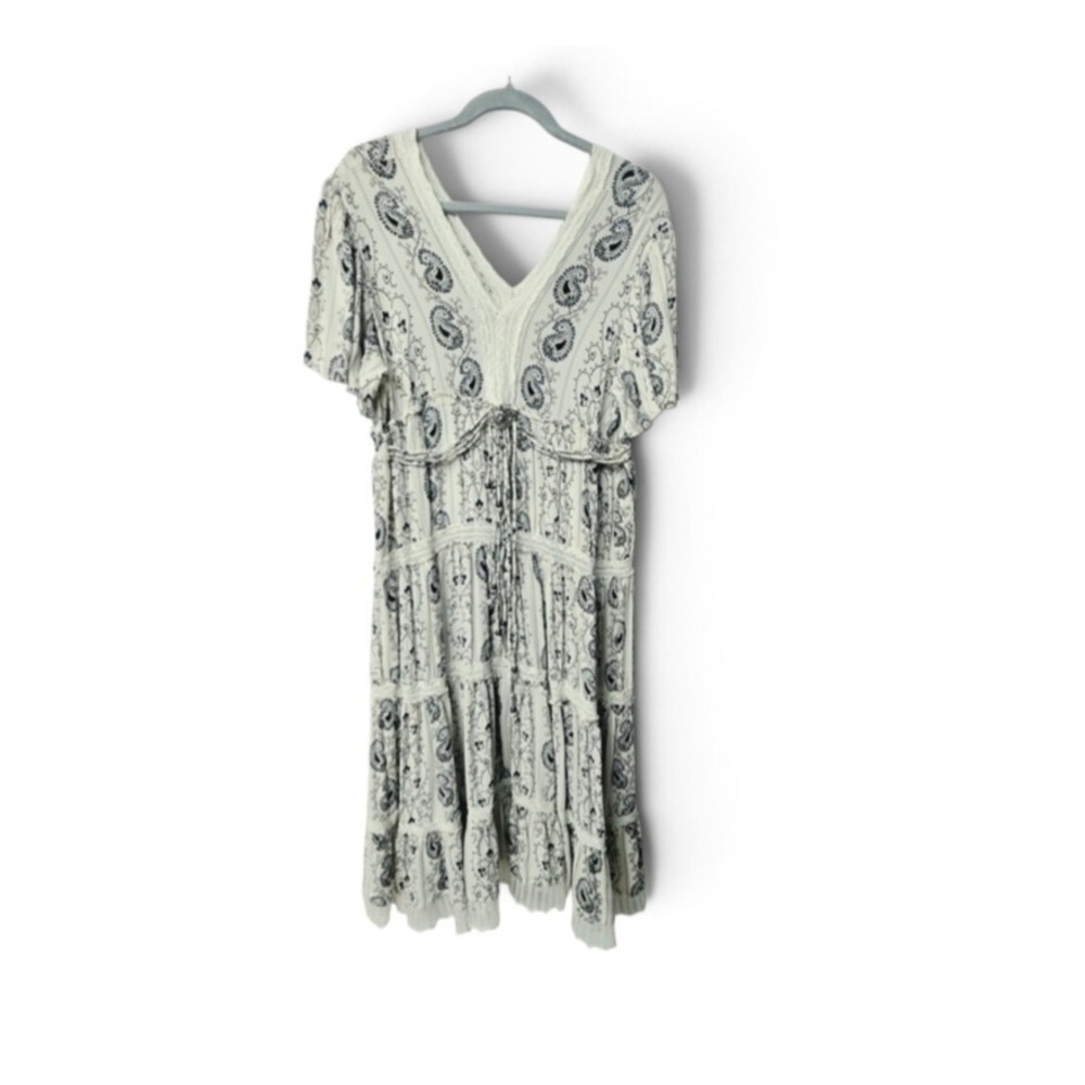 Angie Midi Dress Large Cream Navy Paisley Crochet Lace Trim Tiered Boho Peasant - Picture 8 of 10